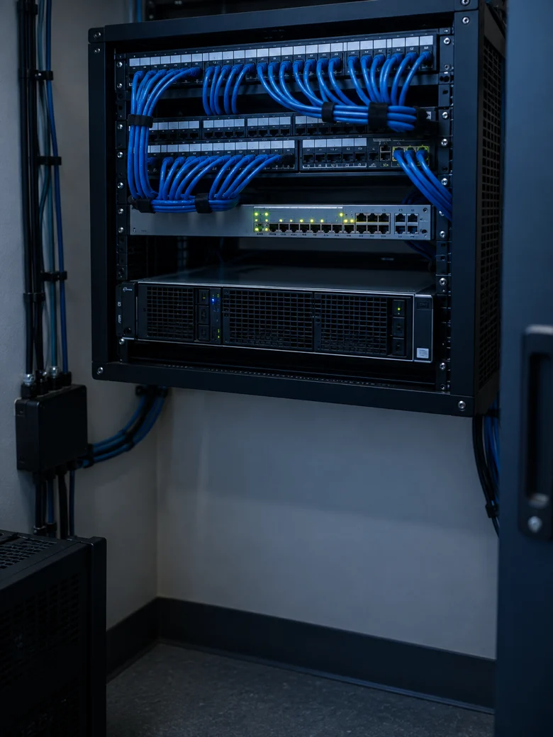 Network rack with blue Ethernet cabling, switches, and a rack-mounted server
