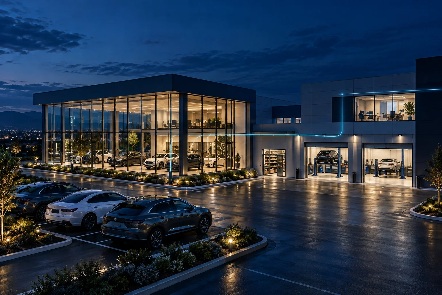 Concept illustration of a connected dealership with a showroom, service bays, and offices at dusk