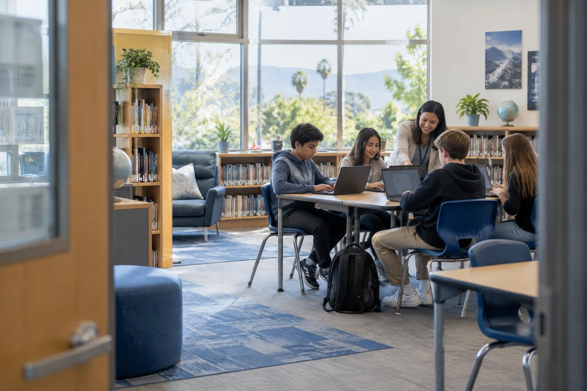 School campus with classrooms and shared learning spaces