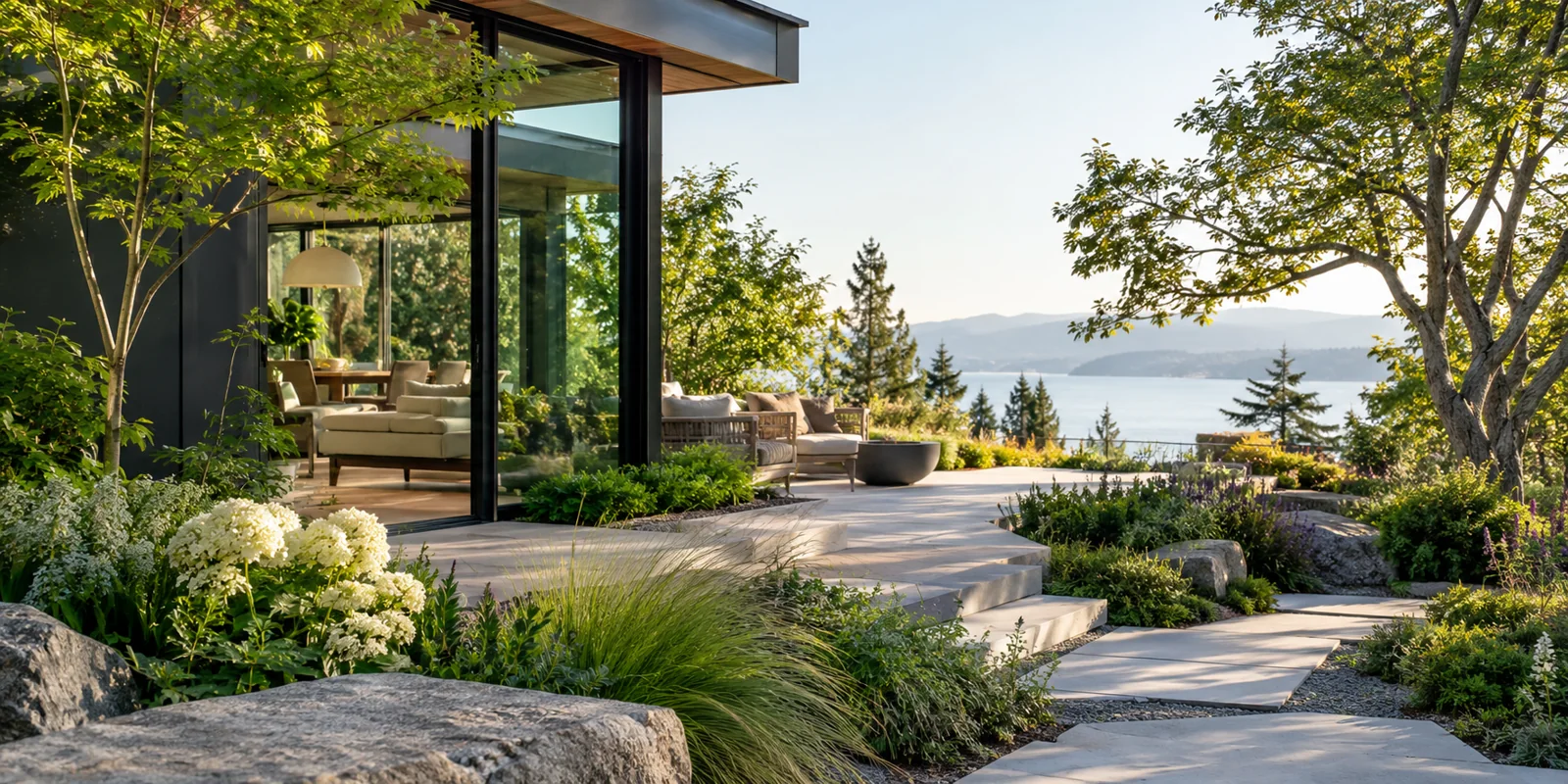 Landscaped grounds around a contemporary home